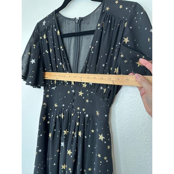 Privacy Please Ford Black Metallic Gold Silver Star Deep V Short Sleeve Dress XS - Picture 7 of 15